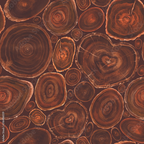 Watercolor seamless pattern with slices of trees. Wood texture