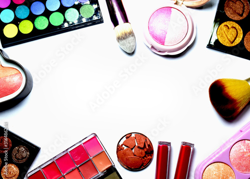 The collection of cosmetics on white background.eye shadow,make up brush,lipstick.