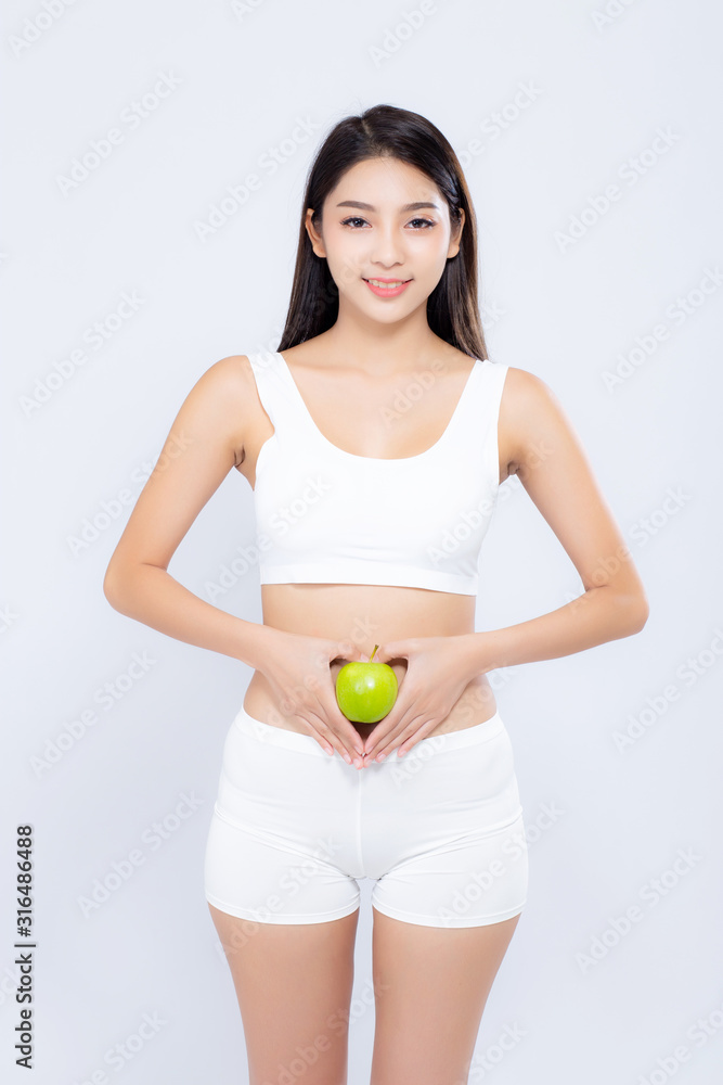 Beautiful body woman sexy diet slim holding green apple with cellulite for  wellness, girl with fitness for weight loss and healthy isolated on white  background, healthcare concept. Stock Photo | Adobe Stock