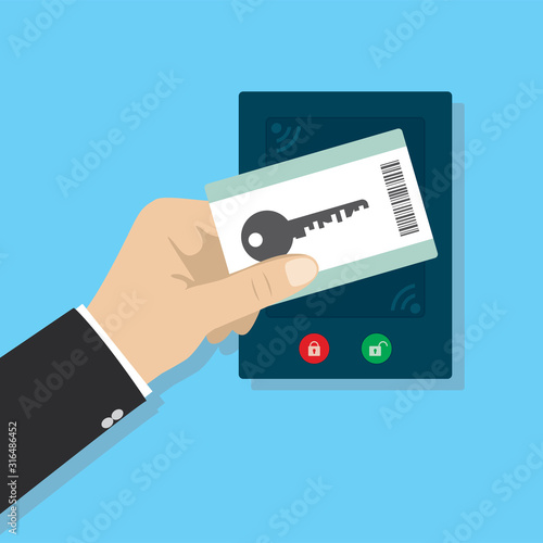 Access control. Man hand holding plastic key card. Electronic modern system for opening, closing, lock and unlock doors.