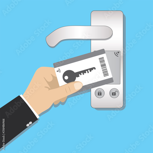 Cartoon man hand holding plastic key card. Electronic modern system for opening, closing, lock and unlock doors.