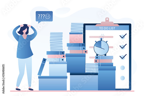 Unhappy office worker or businesswoman look on huge heap of paper documents and folders. Overwork background.