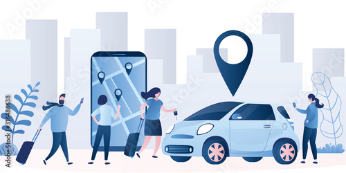Car sharing service background. Vehicle for a short time. Modern car and smartphone with app. photo