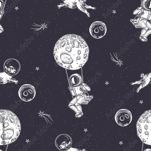 Astronaut is sitting on a swing. Pug astronaut flies in space. Illustration on the theme of astronomy. Seamless pattern.