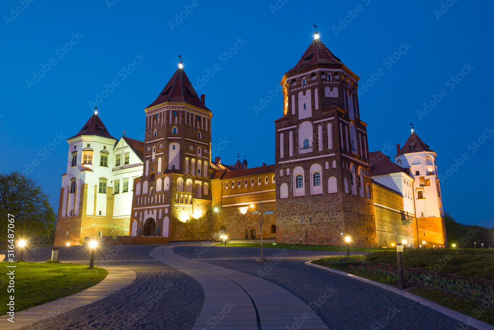 Mir Castle on an April evening. Mir, Belarus