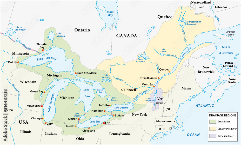 Map of the great lakes and st lawrence river drainage aregions