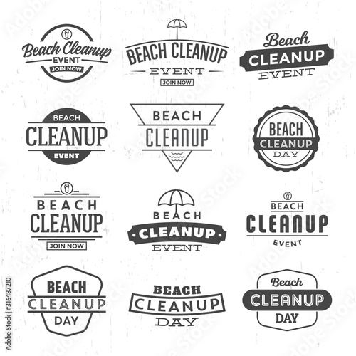Beach cleanup label design set - collection of typographic emblems for seaside cleaning