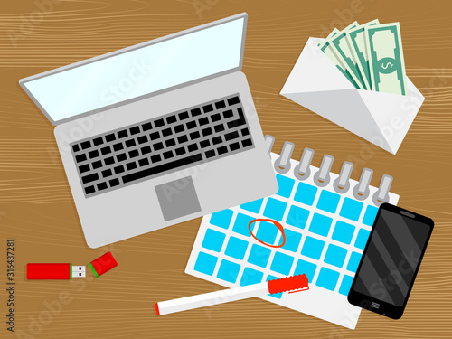 Top view wage day, salary monthly