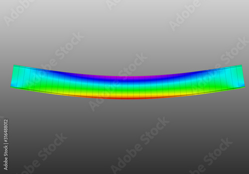 A simple supported I-beam bending under uniform distributed load. Side view 3D Illustration of mesh deformation and plot of normal stresses from finite element analysis on grey gradient backround