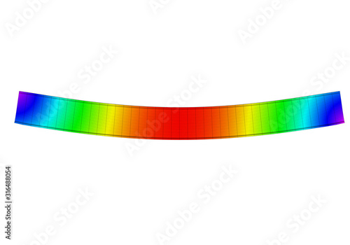 A simple supported I-beam bending under uniform distributed load. Side view 3D Illustration of mesh deformation and plot of deflections from finite element analysis on white backround