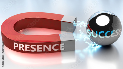 Presence helps achieving success - pictured as word Presence and a magnet, to symbolize that Presence attracts success in life and business, 3d illustration