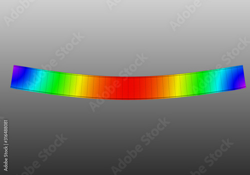 A simple supported I-beam bending under uniform distributed load. Side view 3D Illustration of mesh deformation and plot of deflections from finite element analysis on grey gradient backround