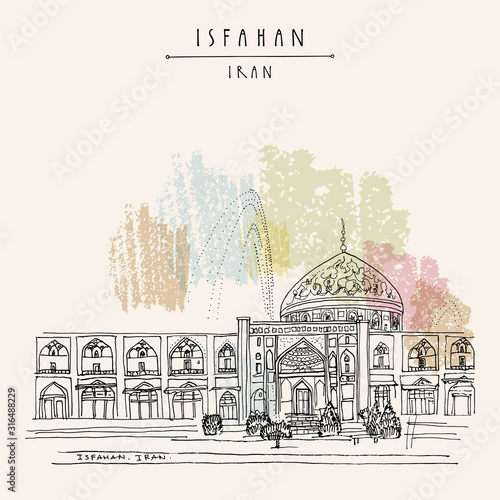 Sheikh Lotfollah Mosque in Isfahan, Iran. Travel vintage hand drawn postcard