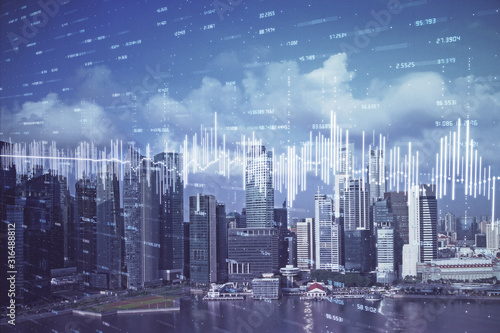 Forex chart on cityscape with skyscrapers wallpaper multi exposure. Financial research concept.