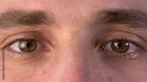 Close-up Male Human Eye. Macro Pupil Cornea Iris Eyeball Eyelashes Capillaries. Blink Open Closed photo
