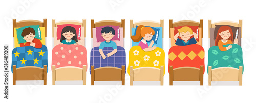 Set of Children character lying in different postures during night slumber. Boys and girls sleeping in bed in various poses. Bedtime and rest. vector illustration.