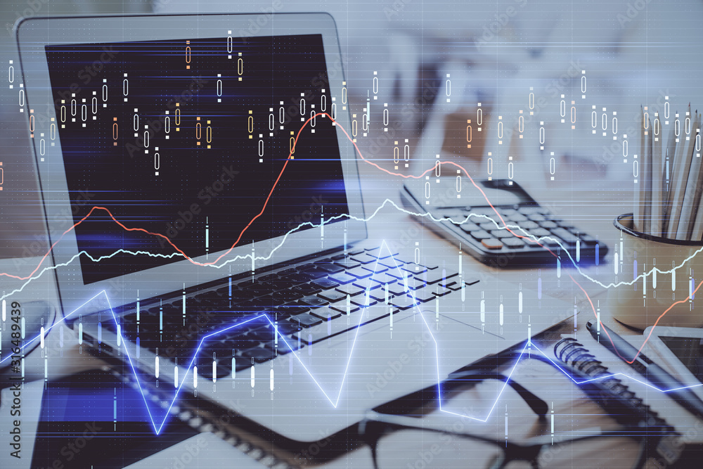 Stock market graph and table with computer background. Multi exposure. Concept of financial analysis. Stock market graph and table with computer background. Multi exposure. Concept of financial analysis.
