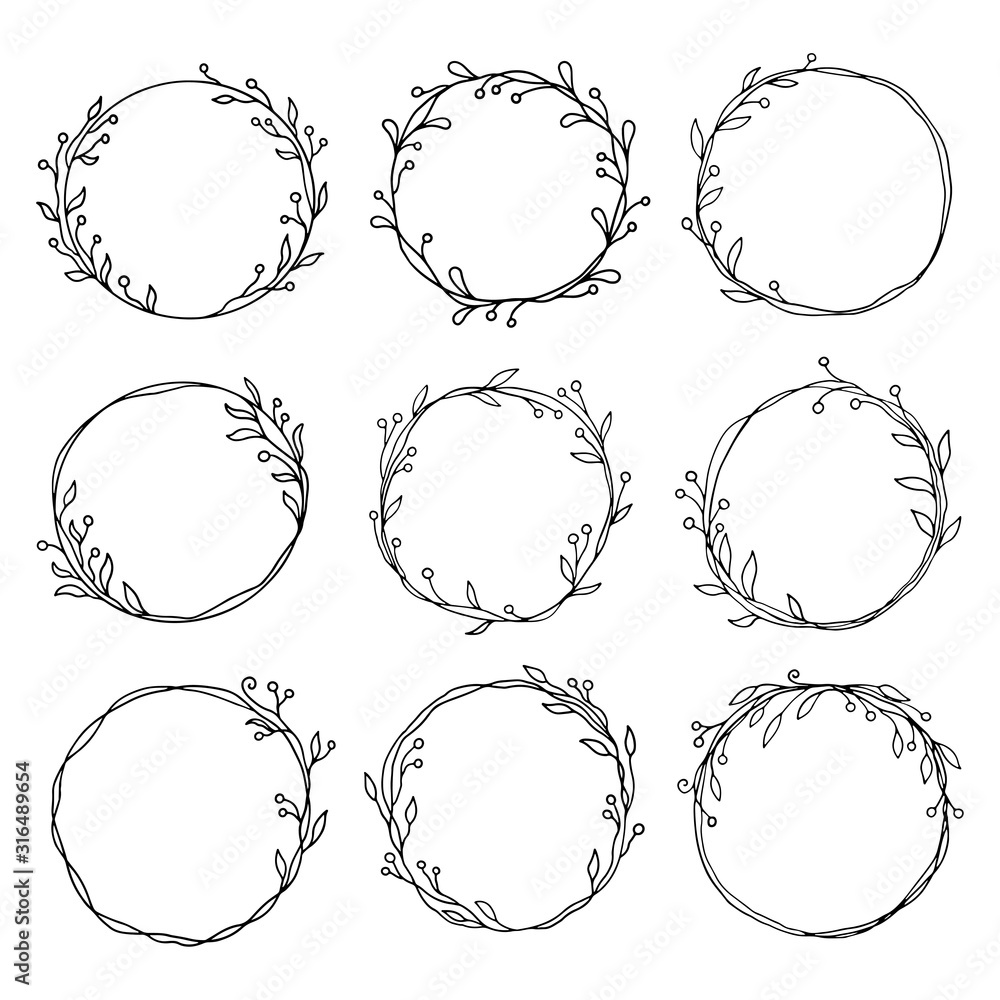 Hand drawn set of cicle floral frame. Border for banner, wedding, greeting card design. Sketch style vector illustration. Copy space for text. Ink drawing. Hand drawn set of cicle floral frame. Border for banner, wedding, greeting card design. Sketch style vector illustration. Copy space for text. Ink drawing.