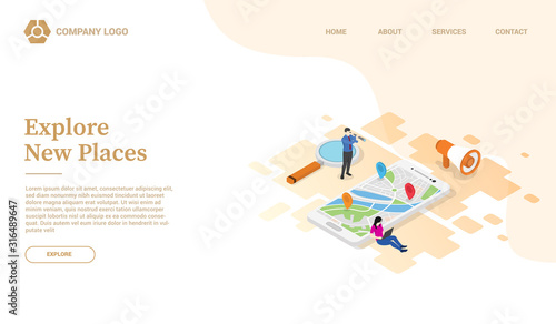 discover or explore new places via smartphone gps website template or landing homepage with isometric style