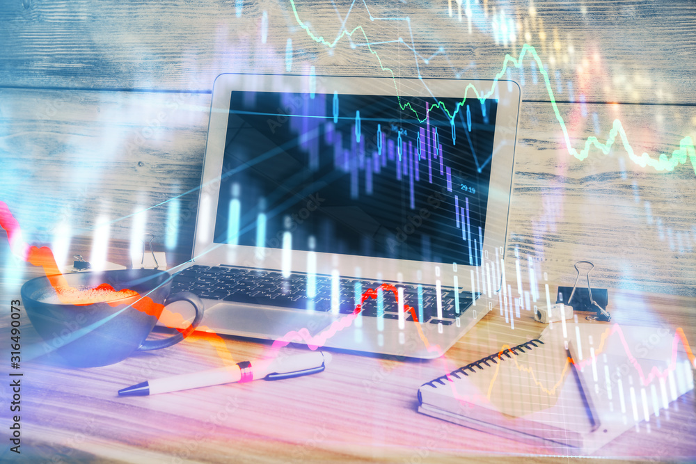 Multi exposure of forex chart and work space with computer. Concept of international online trading. Multi exposure of forex chart and work space with computer. Concept of international online trading.