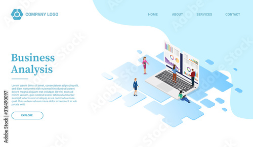 business analysis with graph and chart website template or landing homepage with isometric style