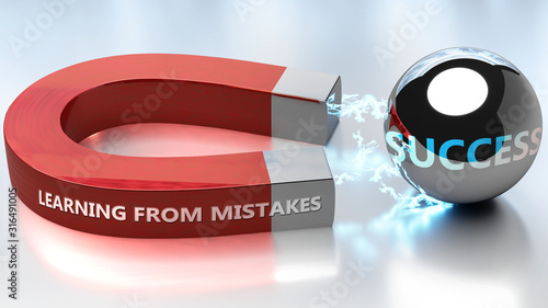 Learning from mistakes helps achieving success - pictured as word Learning from mistakes and a magnet, to symbolize that Learning from mistakes attracts success in life and business, 3d illustration photo