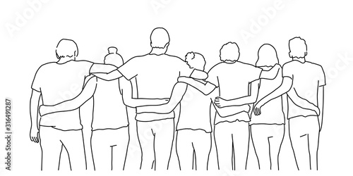 Line drawing of group of happy friends hugging. Tourism, travel, people, leisure and teenage concept. Vector illustration.