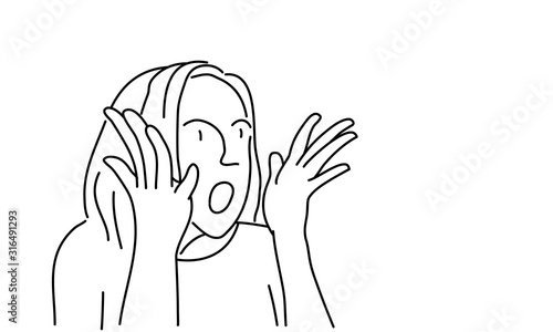 Line drawing of surprised girl with. Woman screams. Vector illustration.