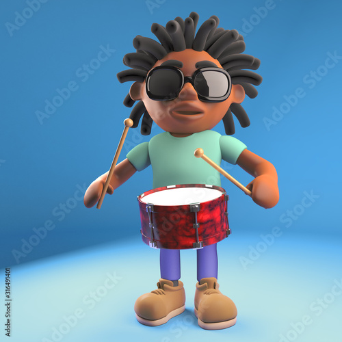 Valokuva 3d cartoon black man with dreadlocks playing the drums, 3d illustration
