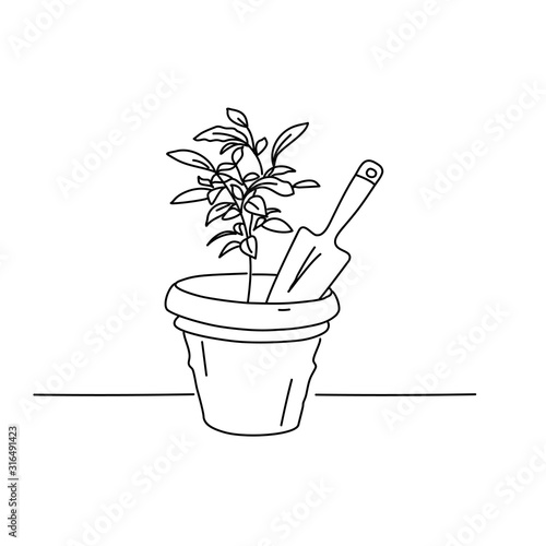 Line drawing of sprout in a pot. Shovels for gardening. Gardening or planting concept. Vector illustration.