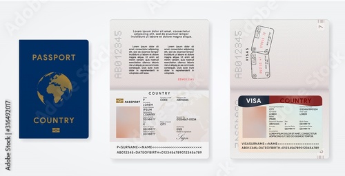Biometric passport template. Travel id card mockup with tourist visa. International pass. Departure and arrival airport stamp in document. Vector illustration. photo