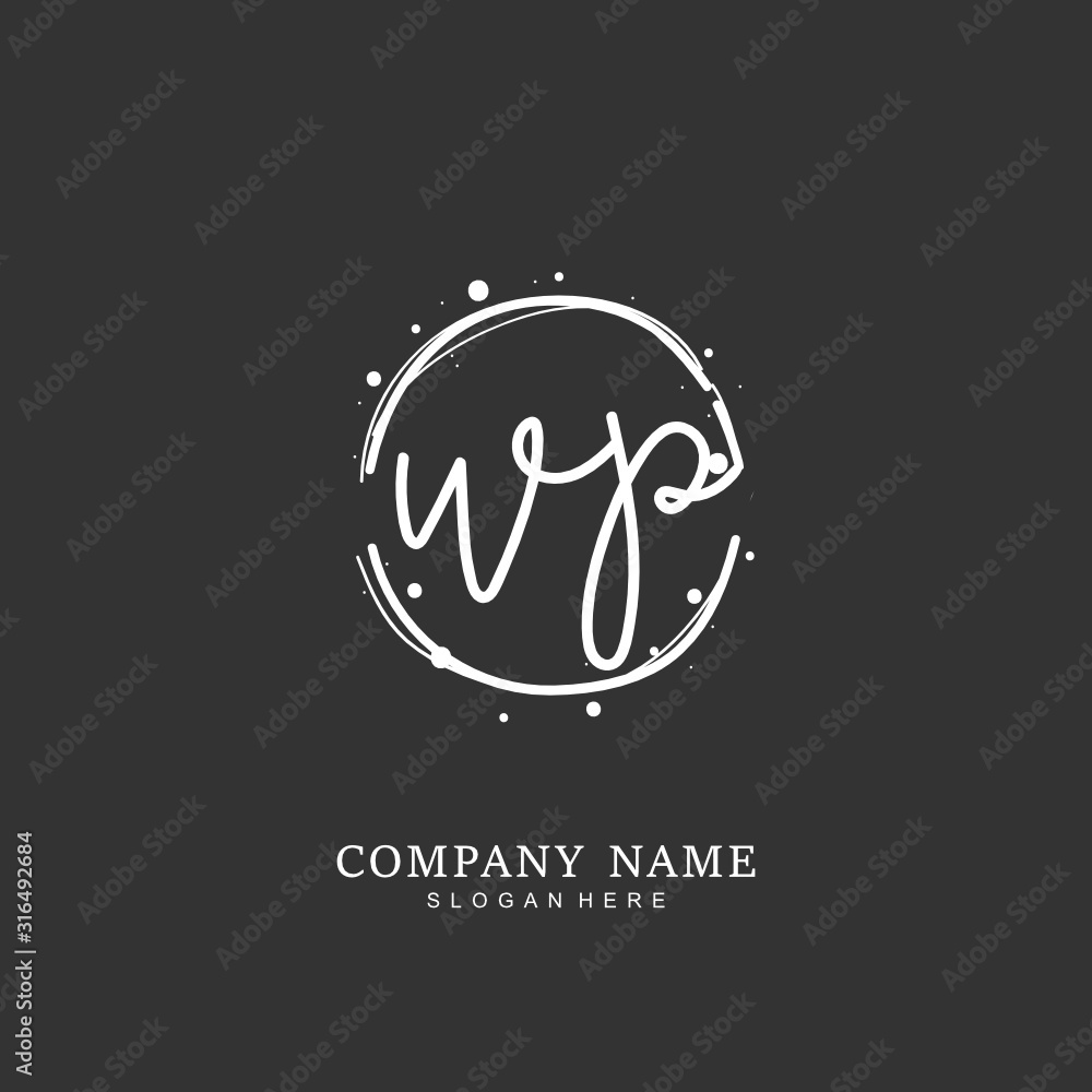 Handwritten initial letter W P WP for identity and logo. Vector logo template with handwriting and signature style.