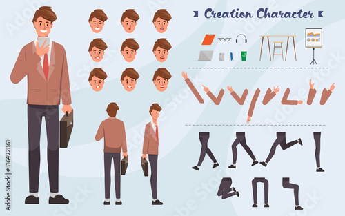 Set of businessman creation character pose with occupation job in uniform suit. Chibi cartoon business people style.