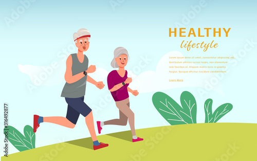 Senior couple running marathon for healthy lifestyle. Character people in activity.
