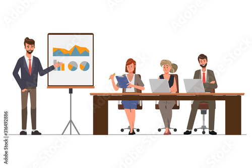 Businesman presenting to business professional and office teamwork. Cartoon vector illustration in flat style.
