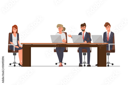 Business people interview new person employee for hiring job. Apply job concept. Cartoon vector illustration in flat style.