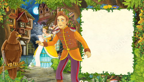 Fototapeta Naklejka Na Ścianę i Meble -  cartoon scene with girl princess and prince or kingnear the street of the city romantic illustration for children