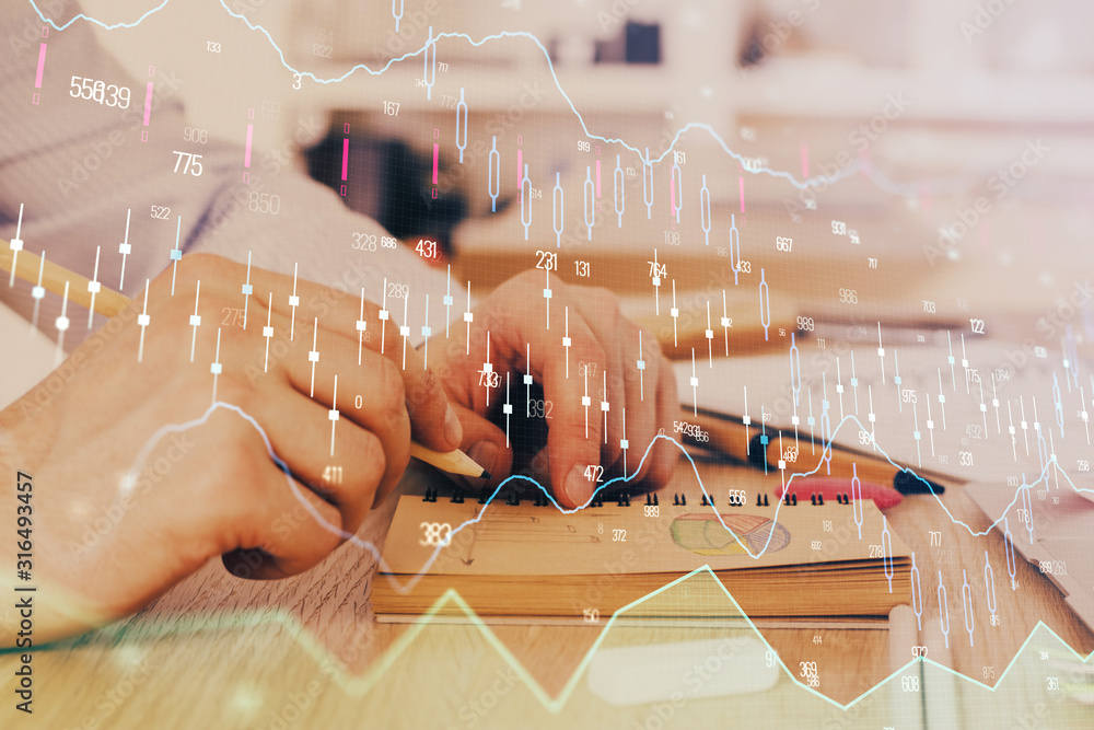 Multi exposure closeup hands with stock market forex graph. Multi exposure closeup hands with stock market forex graph.