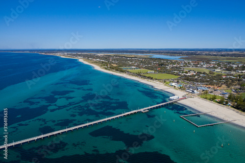 Aerial view of Busselton pier, the worlds longest wooden structure; Busselton is 220km south west of Perth in Western Australia