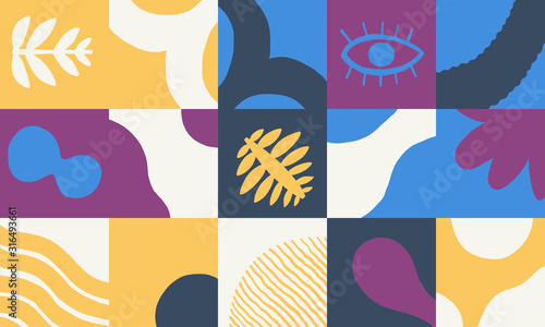 Abstract pattern design with simple shapes and hand-drawn plants