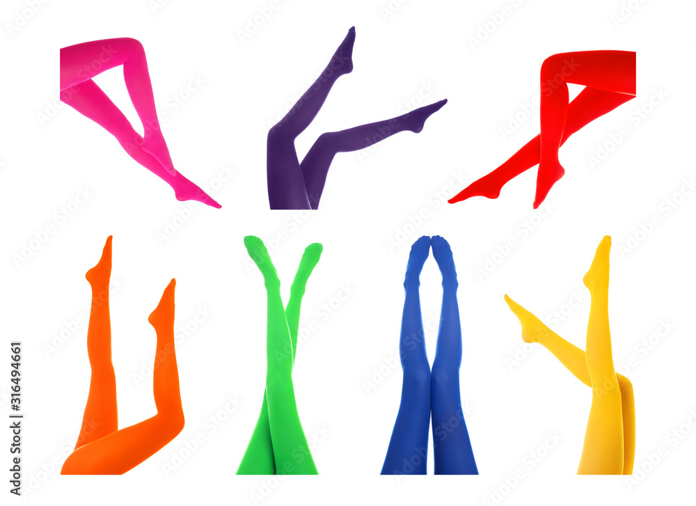 Collage of women wearing different colorful tights on white background, closeup Collage of women wearing different colorful tights on white background, closeup