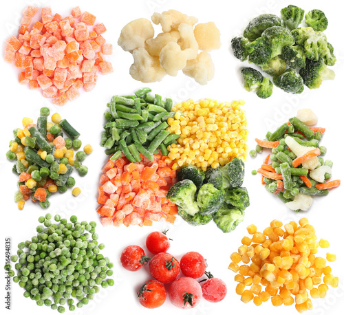 Set of different frozen vegetables on white background  top view