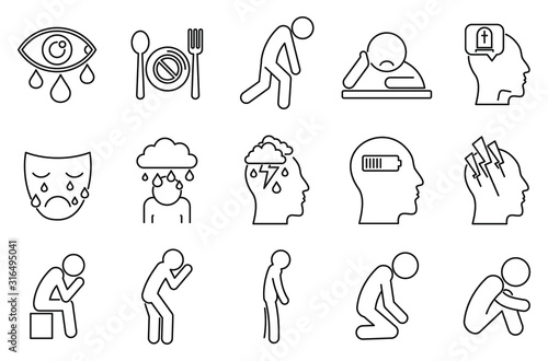 Modern depression icons set. Outline set of modern depression vector icons for web design isolated on white background
