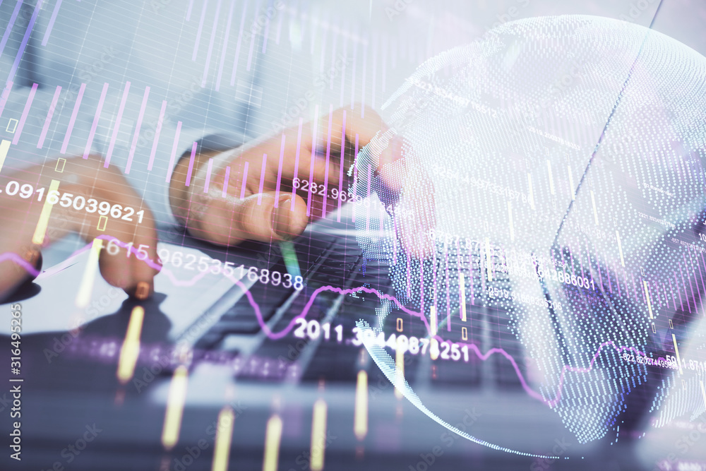 Double exposure of market chart with man working on computer on background. Concept of financial analysis. Double exposure of market chart with man working on computer on background. Concept of financial analysis.