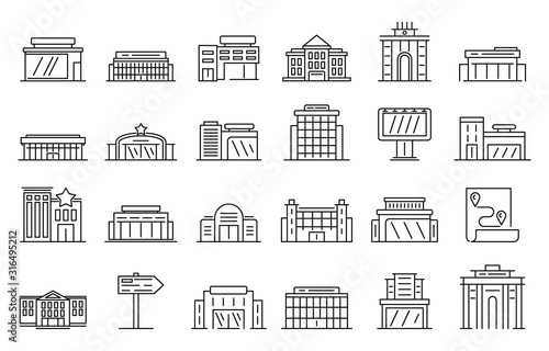 Exhibition center icons set. Outline set of exhibition center vector icons for web design isolated on white background