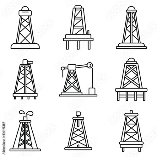 Derrick oil icons set. Outline set of derrick oil vector icons for web design isolated on white background