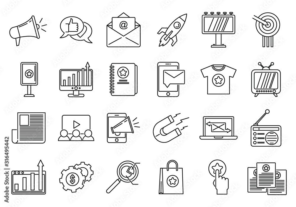 Campaign adword icons set. Outline set of campaign adword vector icons for web design isolated on white background Campaign adword icons set. Outline set of campaign adword vector icons for web design isolated on white background