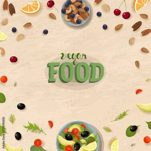Salad snacks top view banner template. Healthy vegan food breakfast. Green fruit and vegetable bowl. Fitness diet ration fresh vegetarian flat lay vector illustration