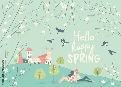 Cartoon happy couple in love in spring garden. Joyful emotions