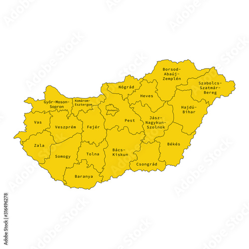 Vector illustration of administrative division map of Hungary. Vector map. photo